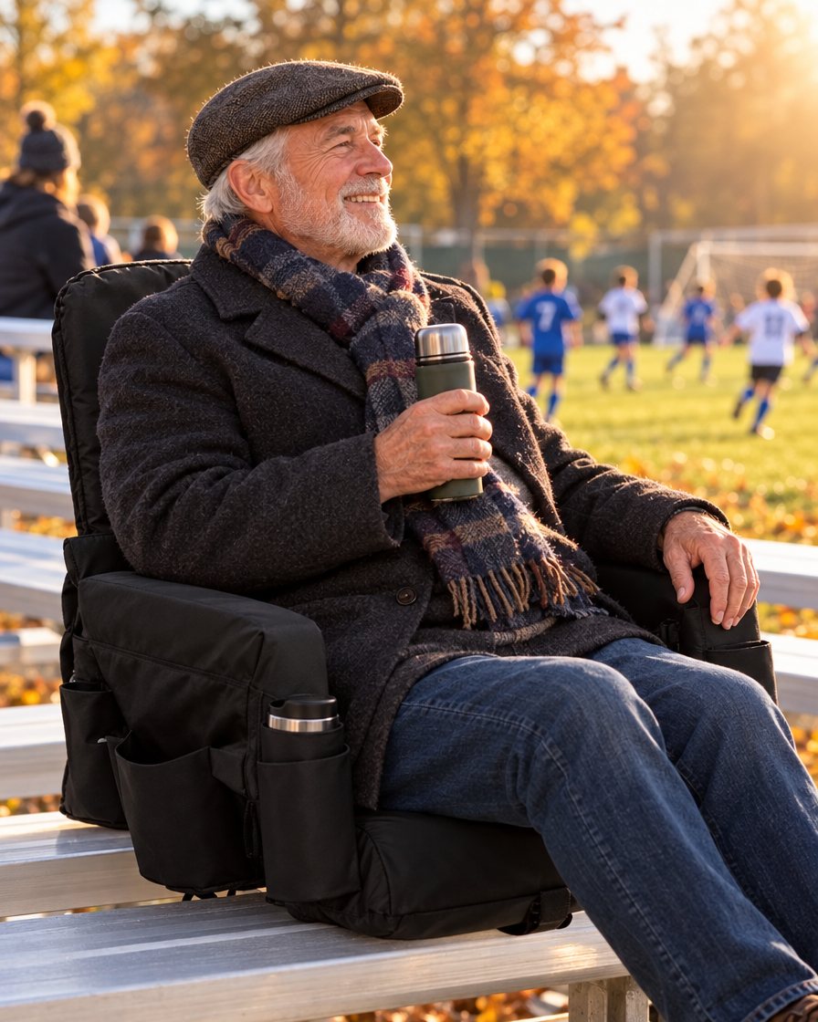 Grandfather watching soccer from a heated stadium seat