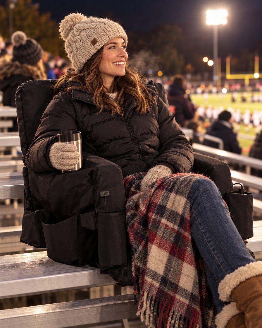 Mom staying warm in the heated stadium seat at a Friday night football game