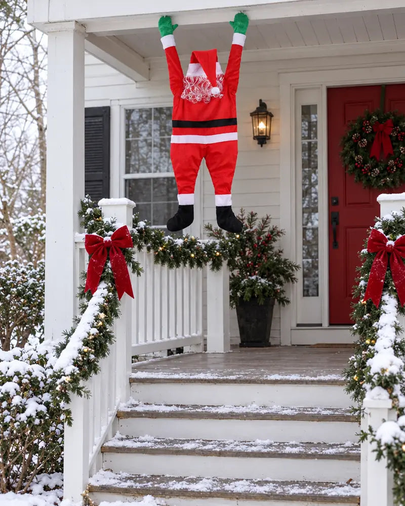 Climbing Santa hanging from a decorated front porch