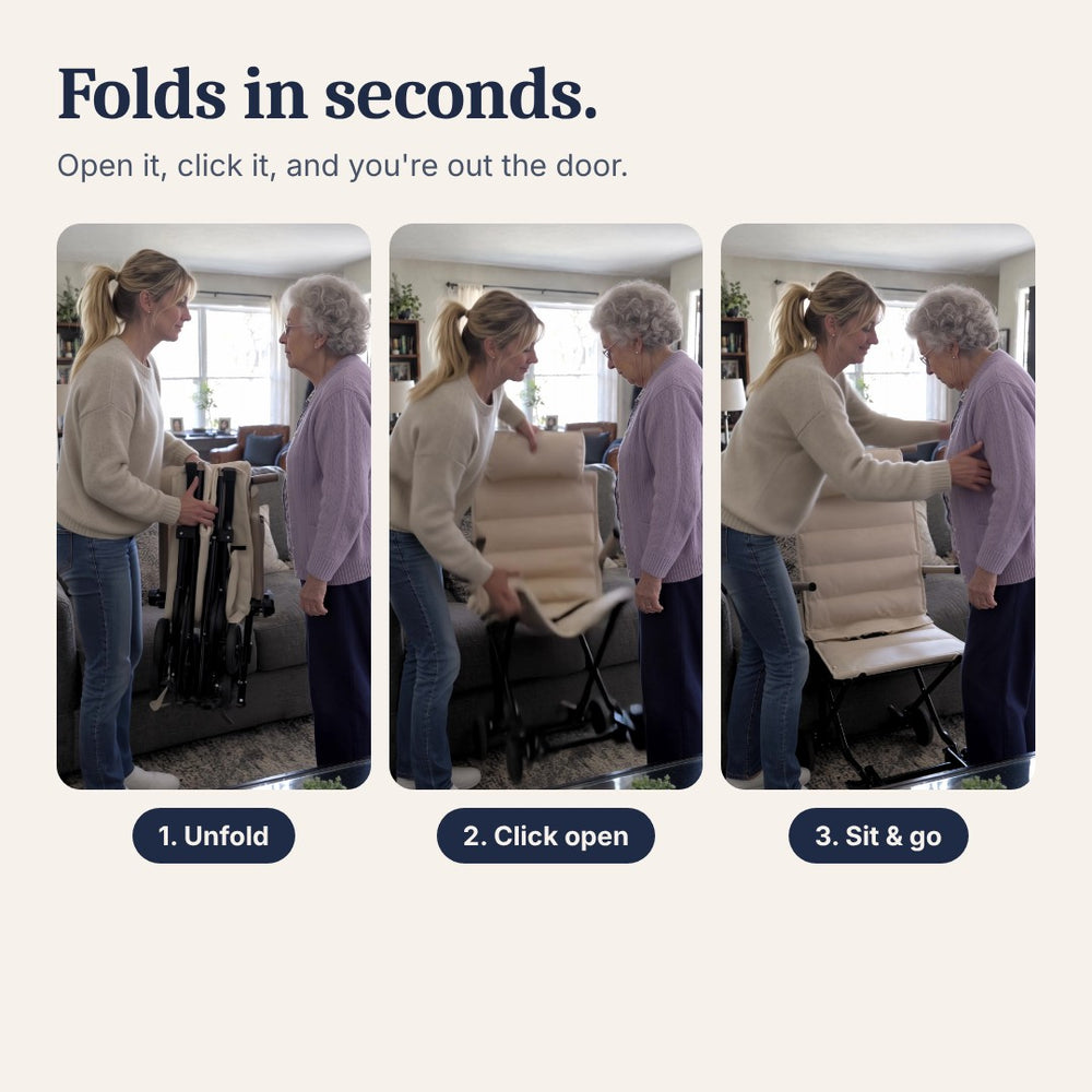 Folds in seconds: unfold, click open, sit and go