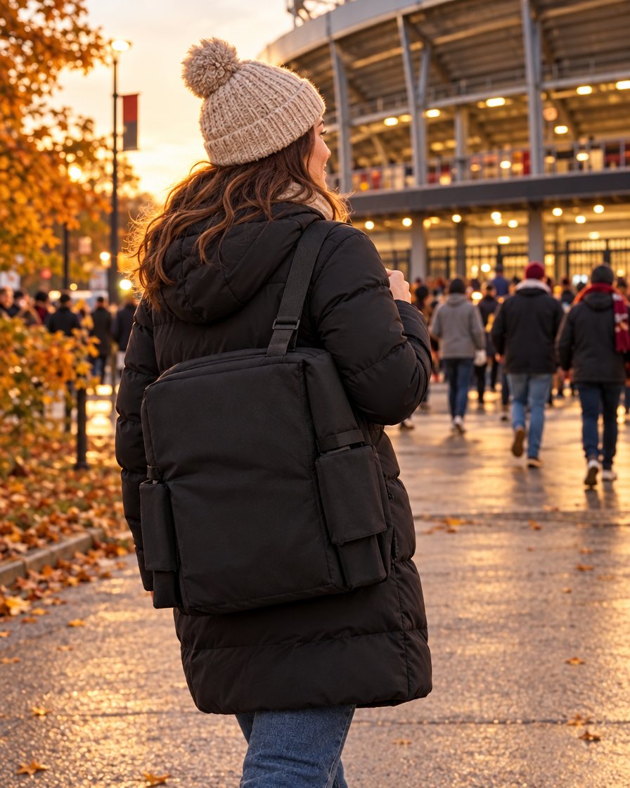 Heated stadium seat folded flat and carried by its strap