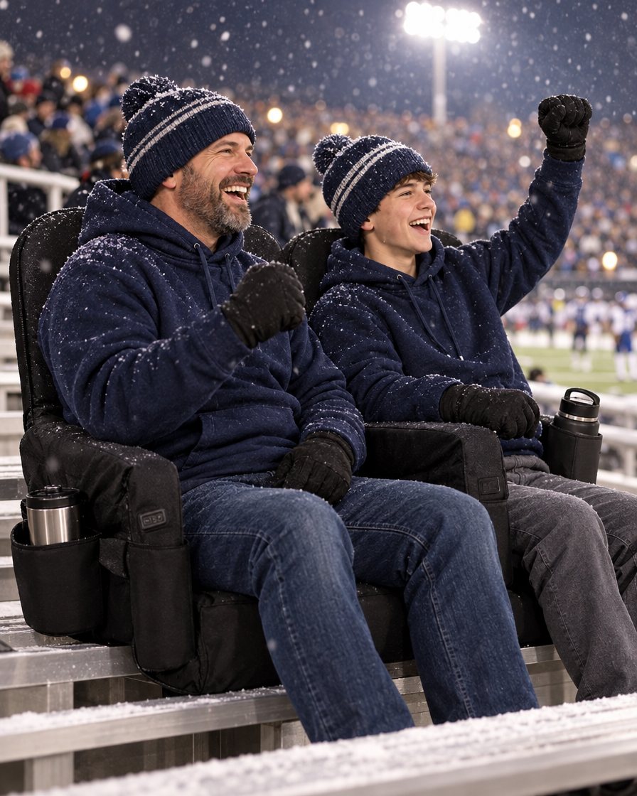 Dad and son cheering in two heated stadium seats