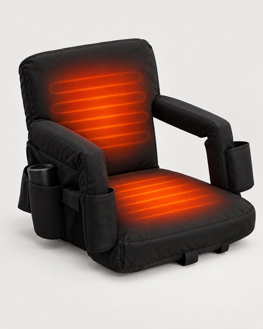 Heated stadium seat with glowing heat in the seat and backrest