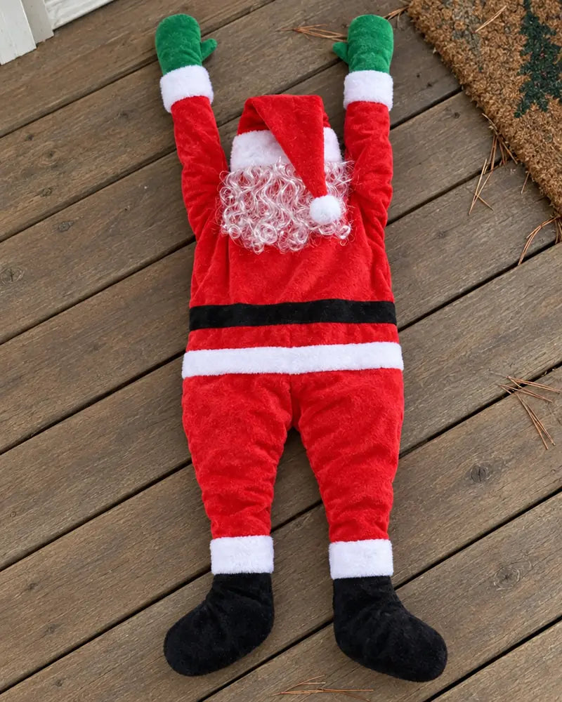 Close-up of the plush velvet Santa suit, beard and mitts